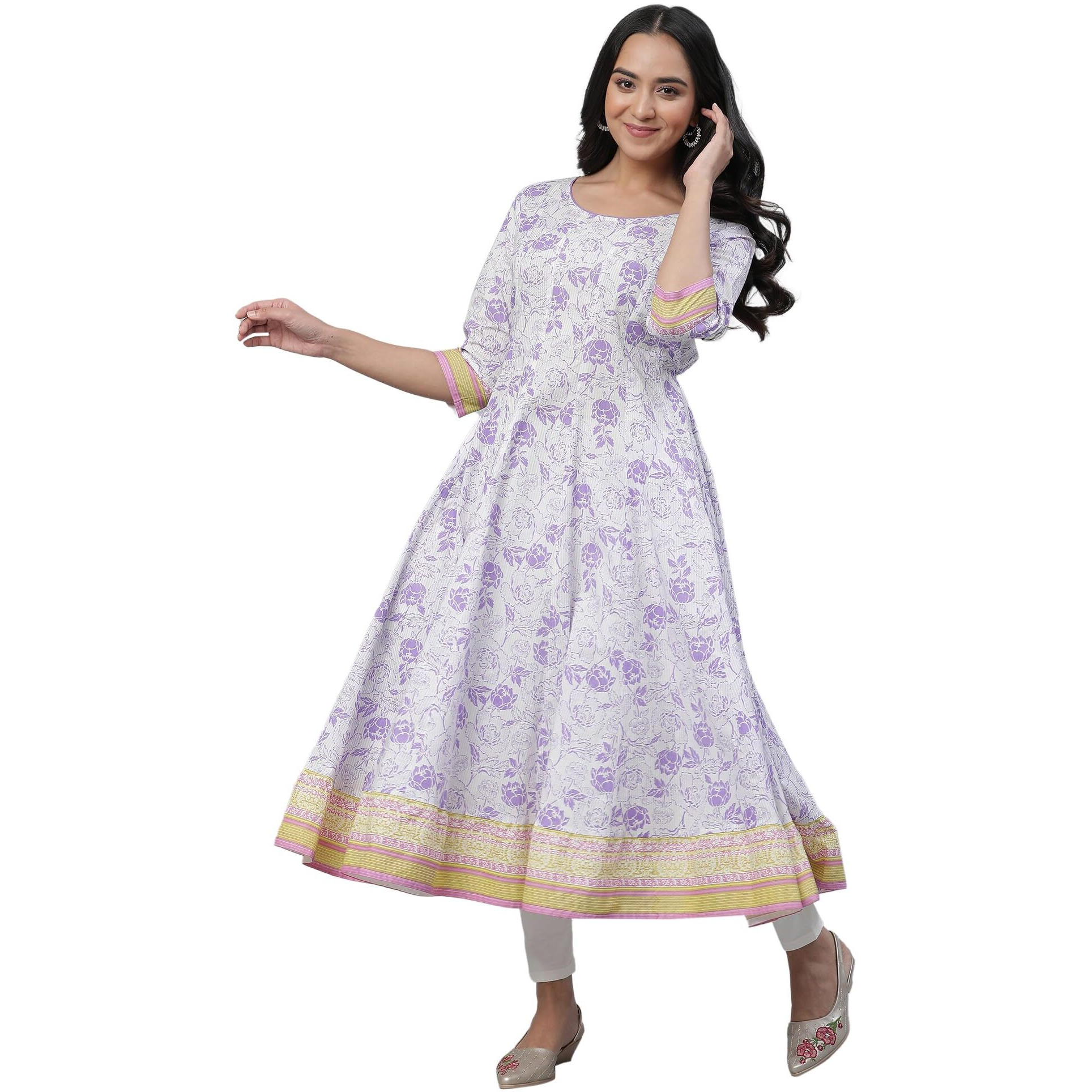 Aurelia White Cotton Floral Printed Printed Anarkali Kurta For Women