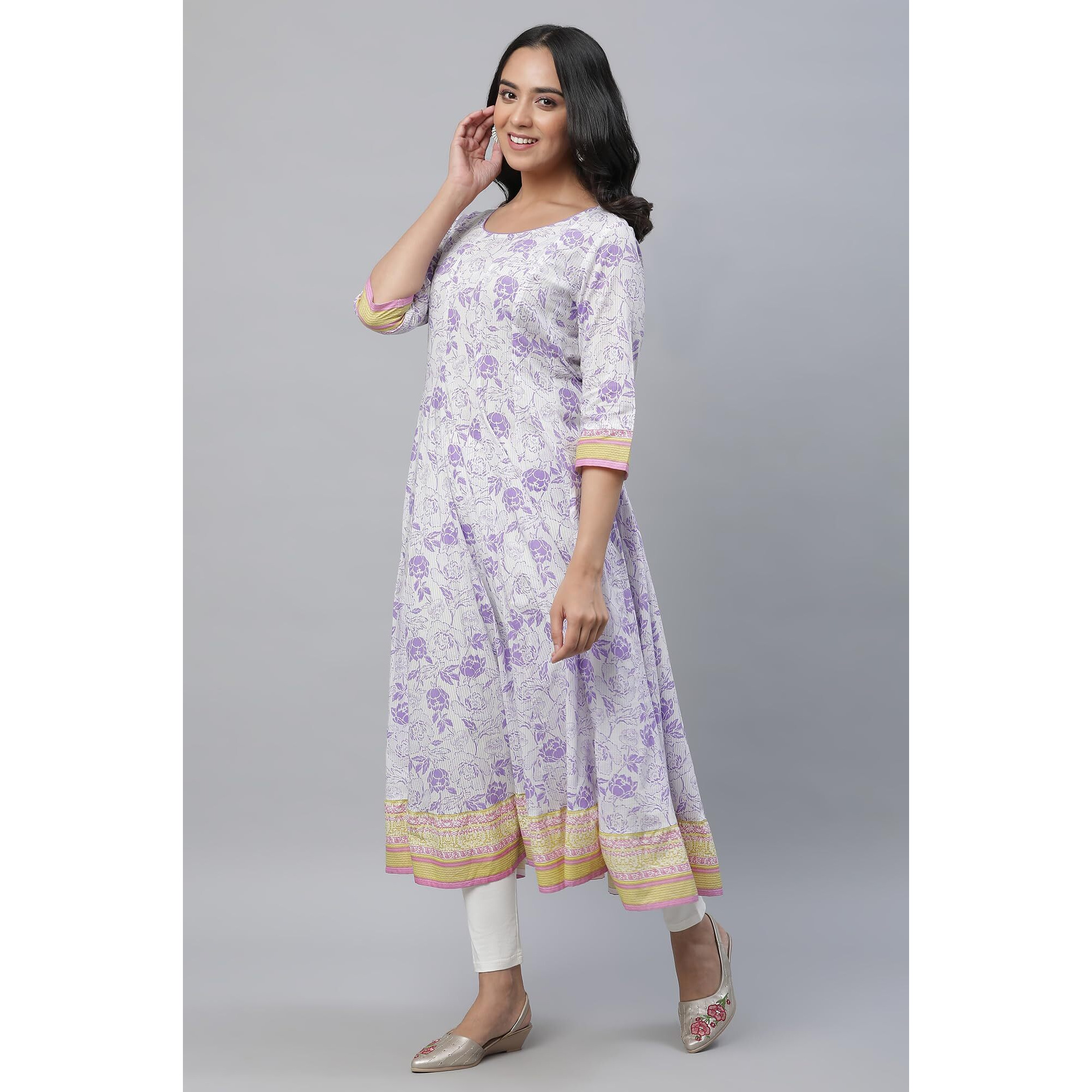 Aurelia White Cotton Floral Printed Printed Anarkali Kurta For Women