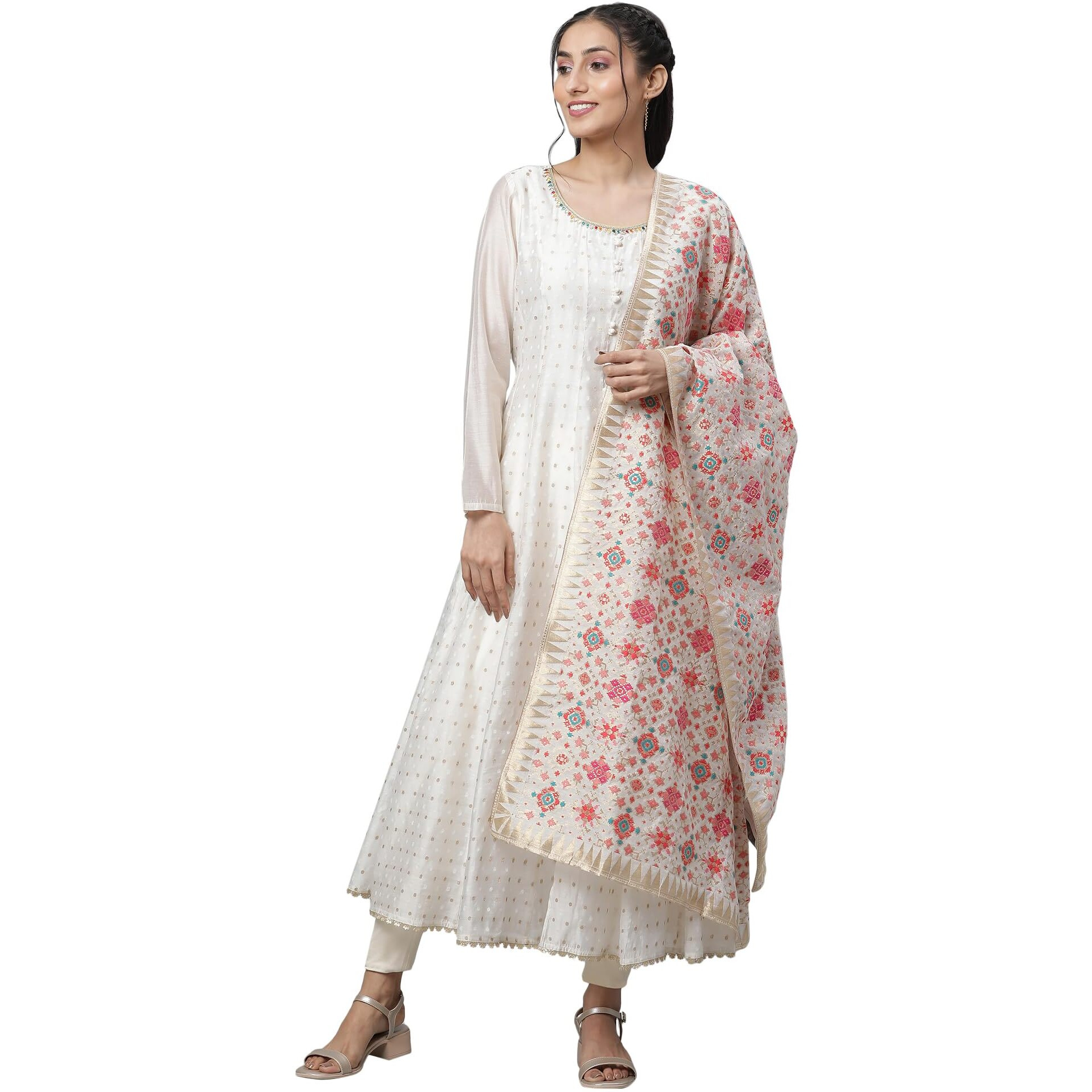 Aurelia Women's Off-White Chanderi Butti Embellished Flared Regular Fit Kurta, Tights And Jaquard Dupatta_23Aud10603-704295_M