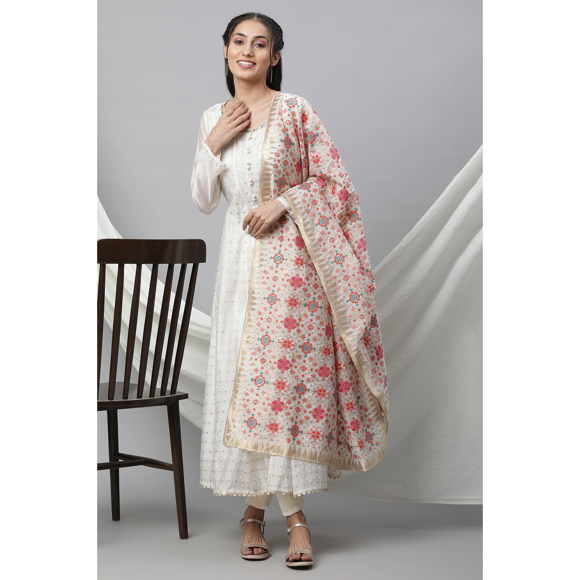 Aurelia Women's Off-White Chanderi Butti Embellished Flared Regular Fit Kurta, Tights And Jaquard Dupatta_23Aud10603-704295_M