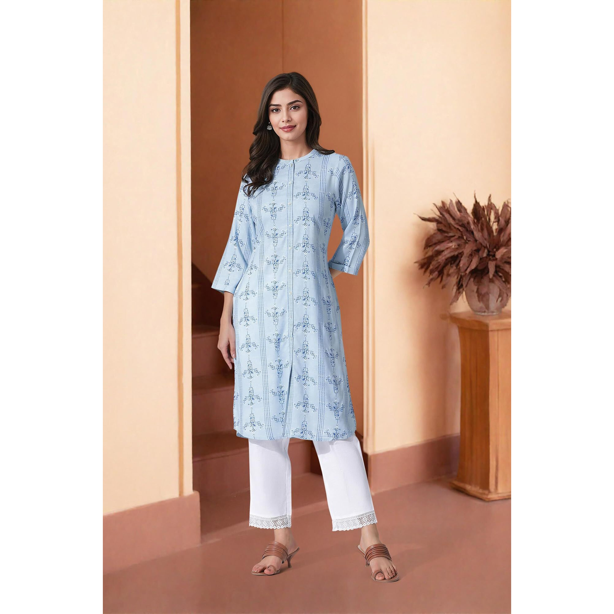 W For Women Blue Geometric Printed Straight Shirt Kurta And Straight Pants Set