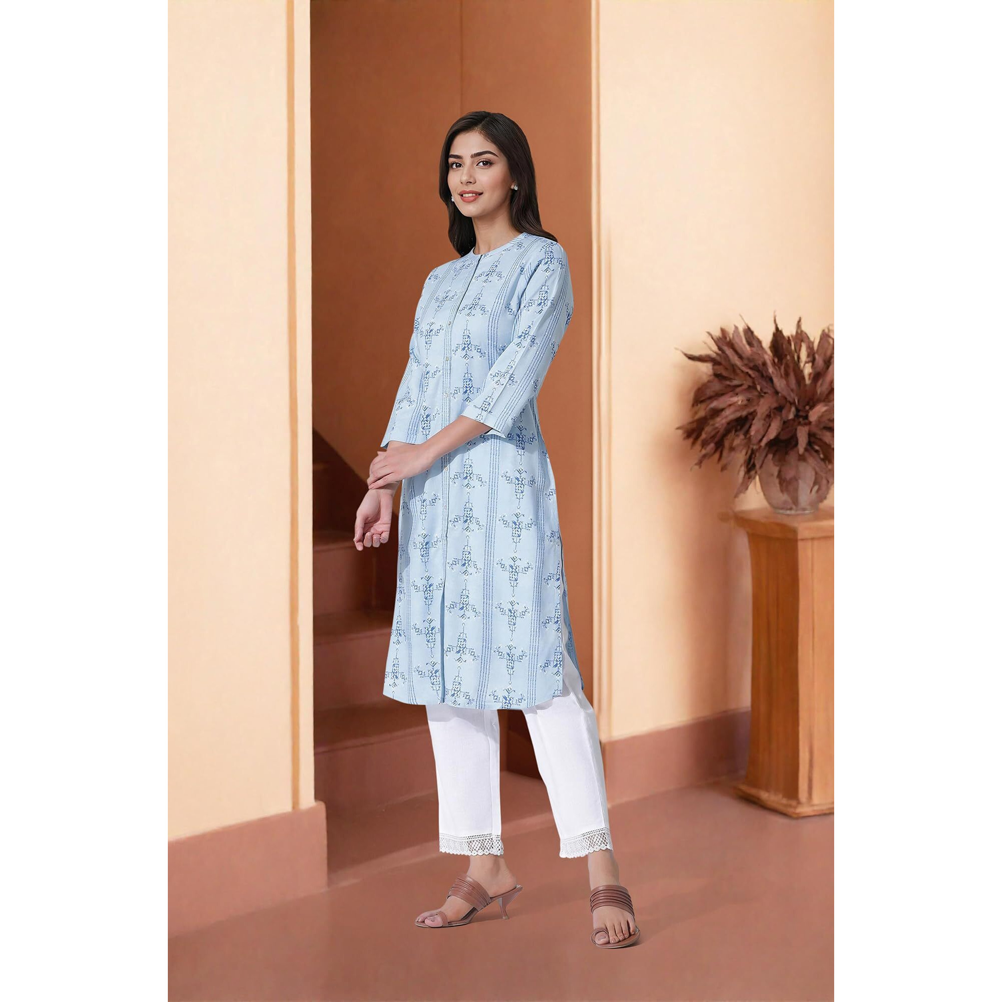 W For Women Blue Geometric Printed Straight Shirt Kurta And Straight Pants Set