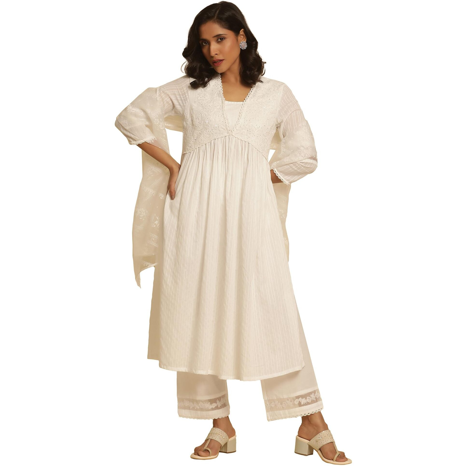 W Women White Festive Solid Cotton Kurta, Straight Pant & Dupatta_24Fews10494-221393_2Xl