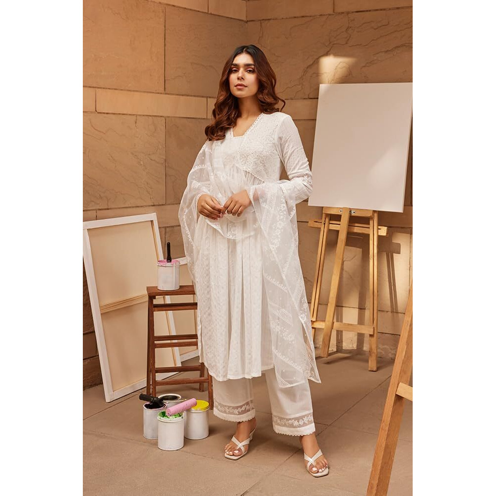 W Women White Festive Solid Cotton Kurta, Straight Pant & Dupatta_24Fews10494-221393_2Xl