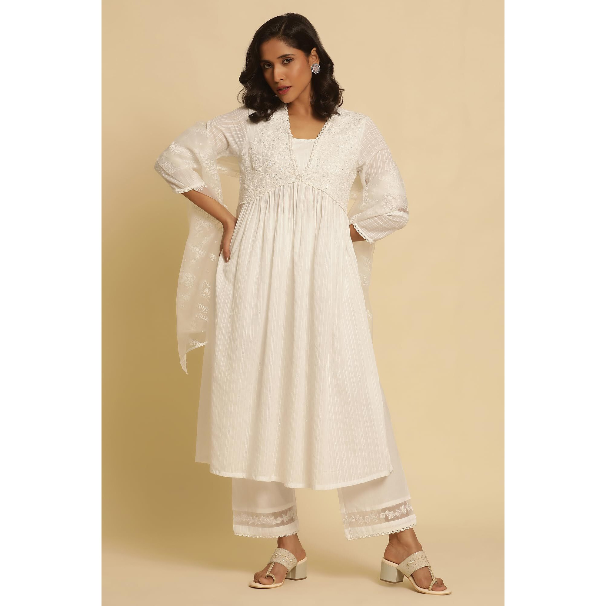 W Women White Festive Solid Cotton Kurta, Straight Pant & Dupatta_24Fews10494-221393_2Xl
