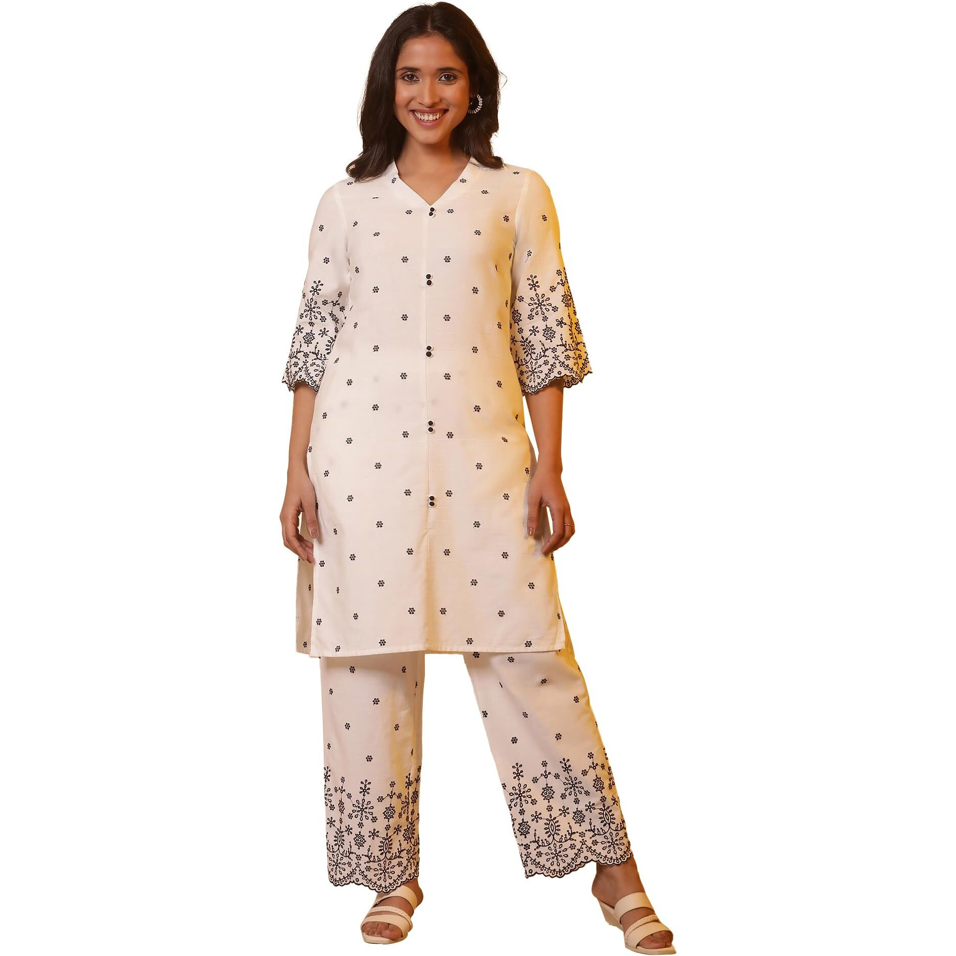 Aurelia White Schiffli Straight Kurta And Pants Co-Ord Set (Size M)-24Feas14971-E606936