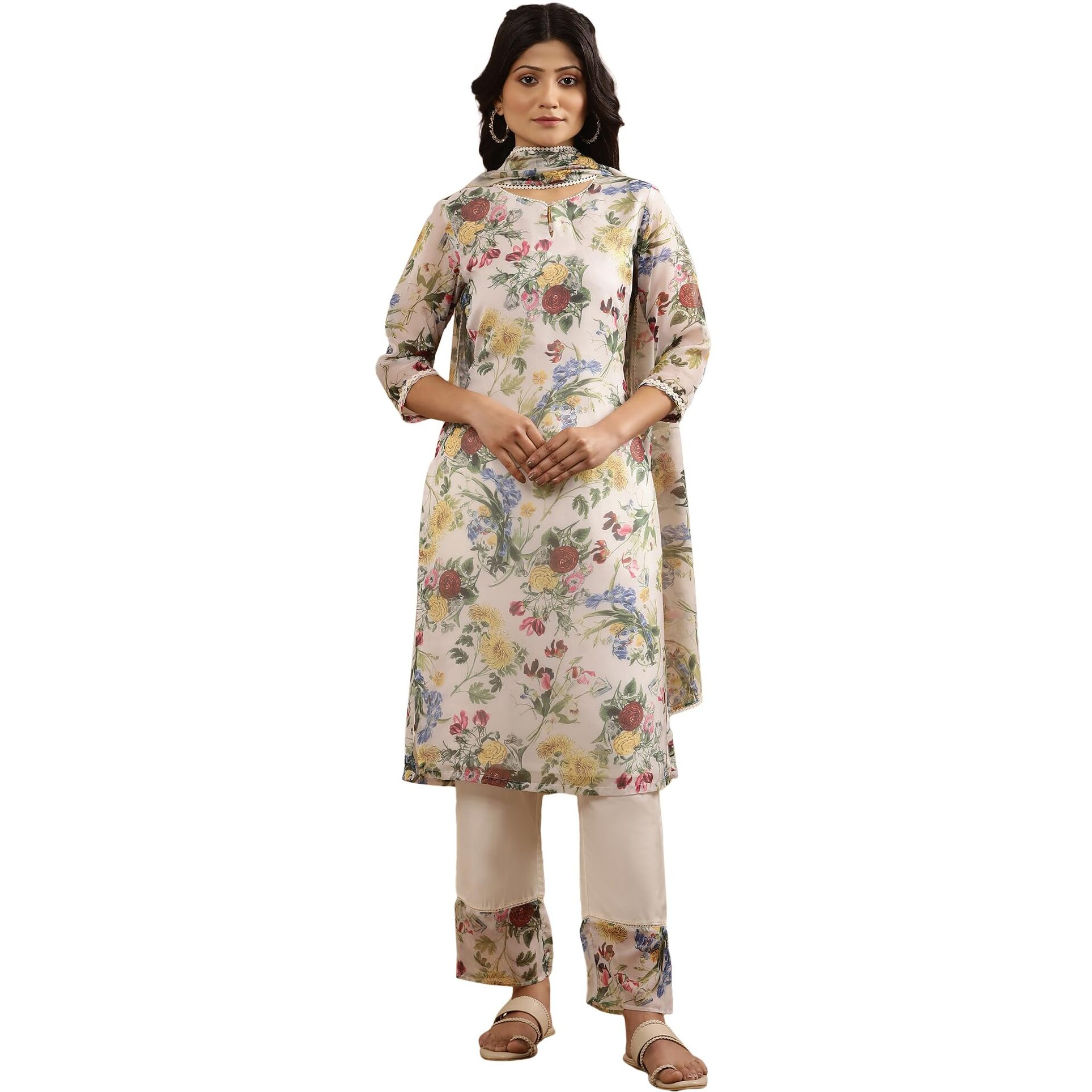 White Floral Printed A-Line Kurta, Pants And Dupatta Set (Size M)-24Fews11262-123713