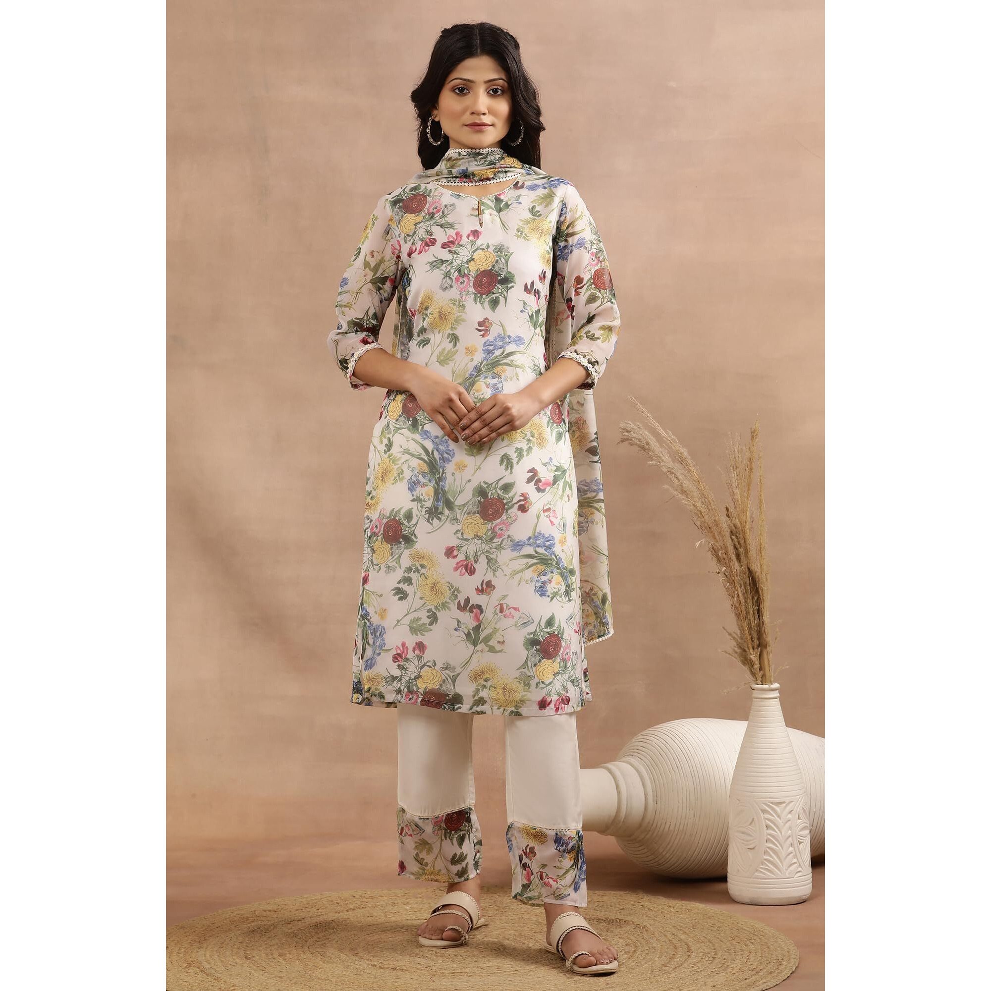 White Floral Printed A-Line Kurta, Pants And Dupatta Set (Size M)-24Fews11262-123713
