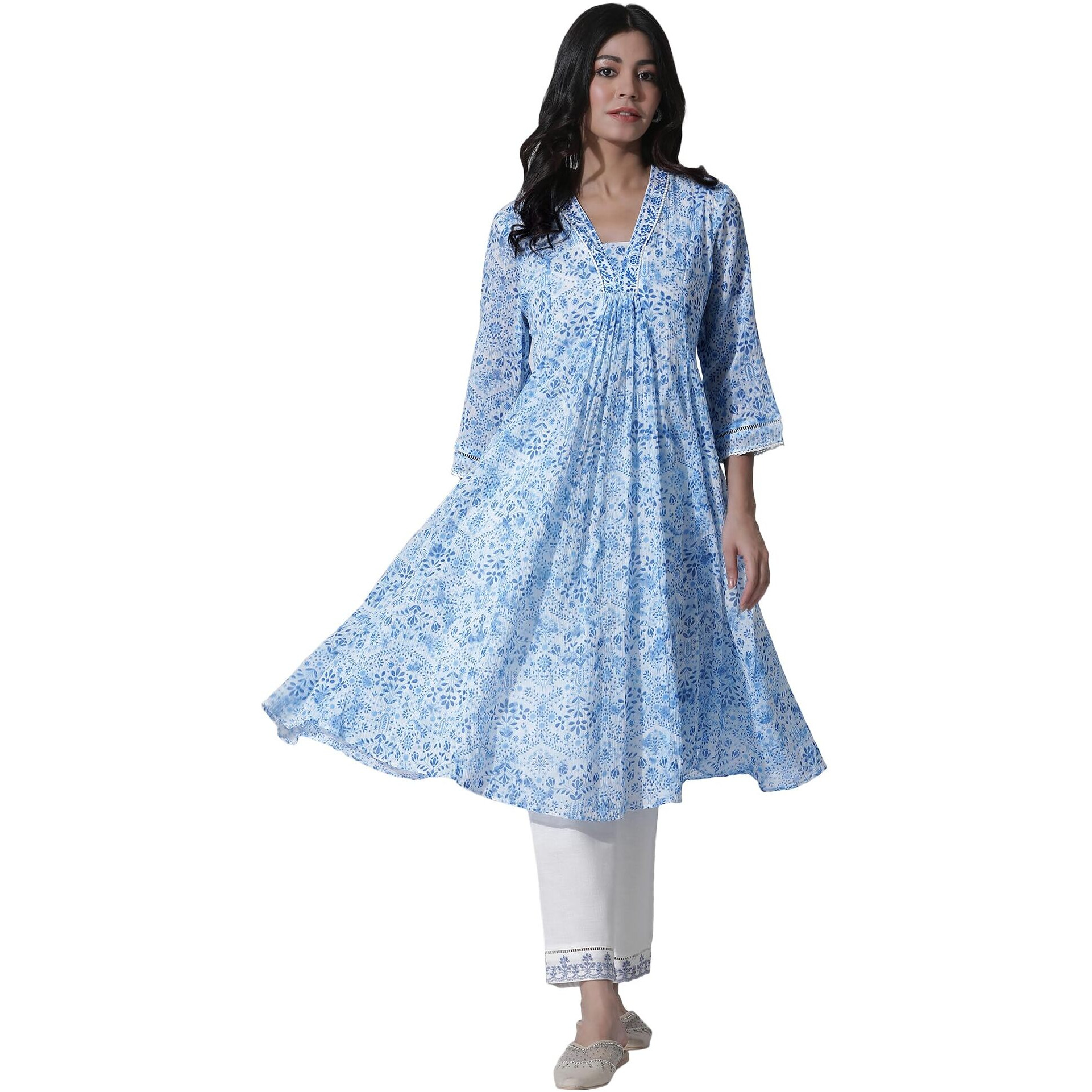 W For Woman White & Blue Printed Flared Cotton Kurta With Pants Set_24Onws10528-123075_Xl