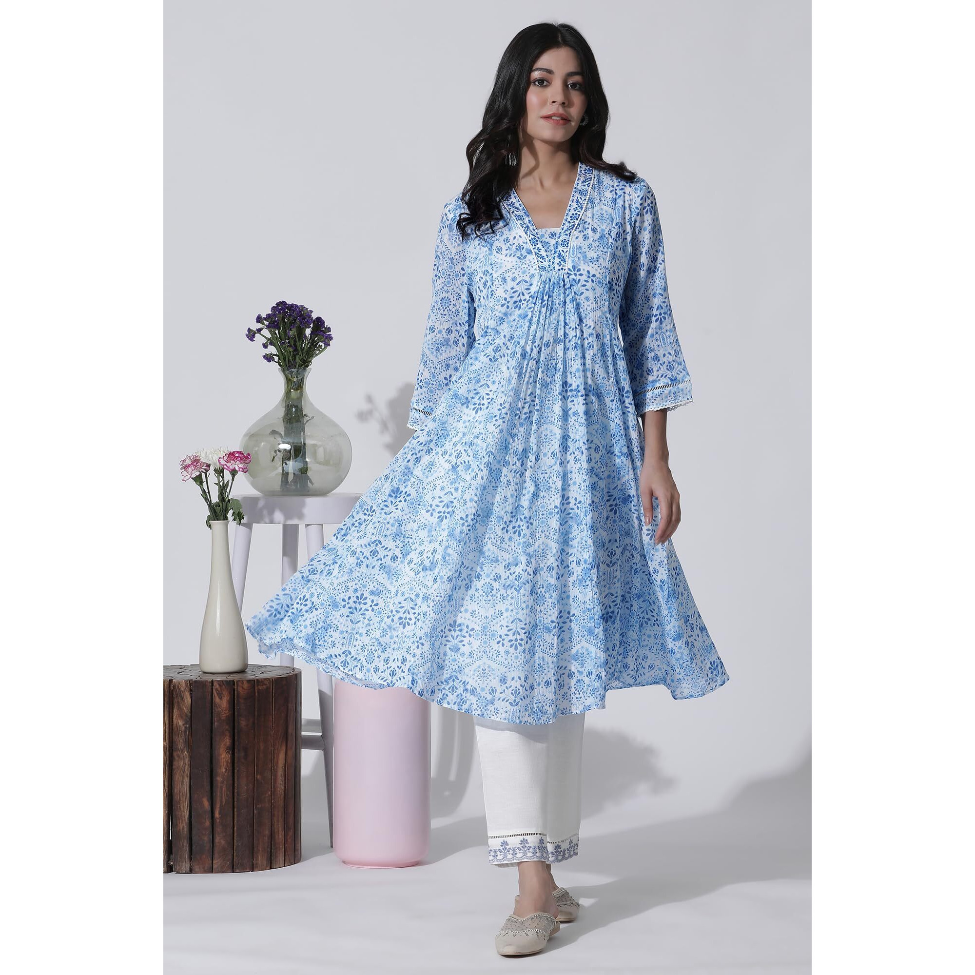 W For Woman White & Blue Printed Flared Cotton Kurta With Pants Set_24Onws10528-123075_Xl