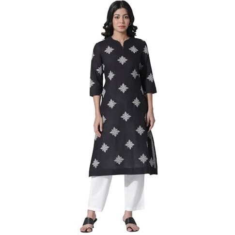 W For Woman Black Cotton Flax Embroidered Kurta And Pants Set_24Onws11087-221806_2Xl