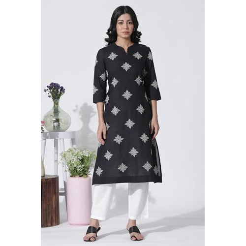 W For Woman Black Cotton Flax Embroidered Kurta And Pants Set_24Onws11087-221806_2Xl
