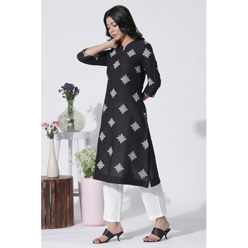 W For Woman Black Cotton Flax Embroidered Kurta And Pants Set_24Onws11087-221806_2Xl