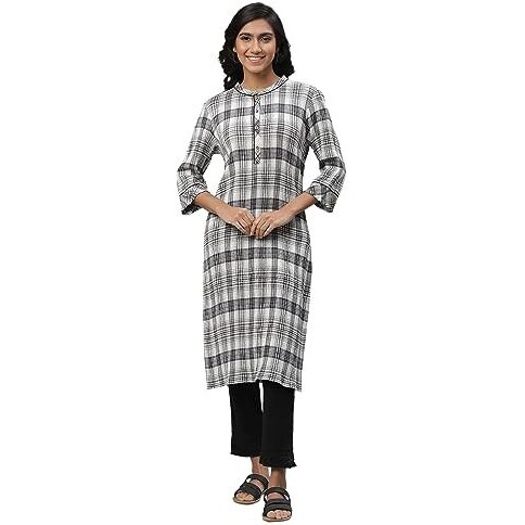 Aurelia White & Black Check Printed Casual Kurta (Size L)-24Aua14305-704332