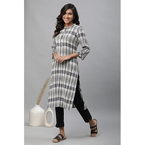 Aurelia White & Black Check Printed Casual Kurta (Size L)-24Aua14305-704332