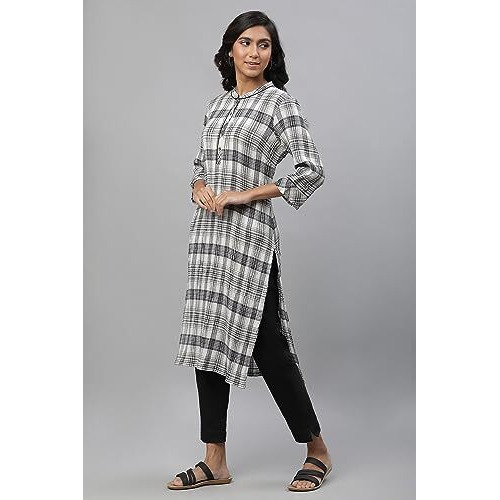 Aurelia White & Black Check Printed Casual Kurta (Size L)-24Aua14305-704332