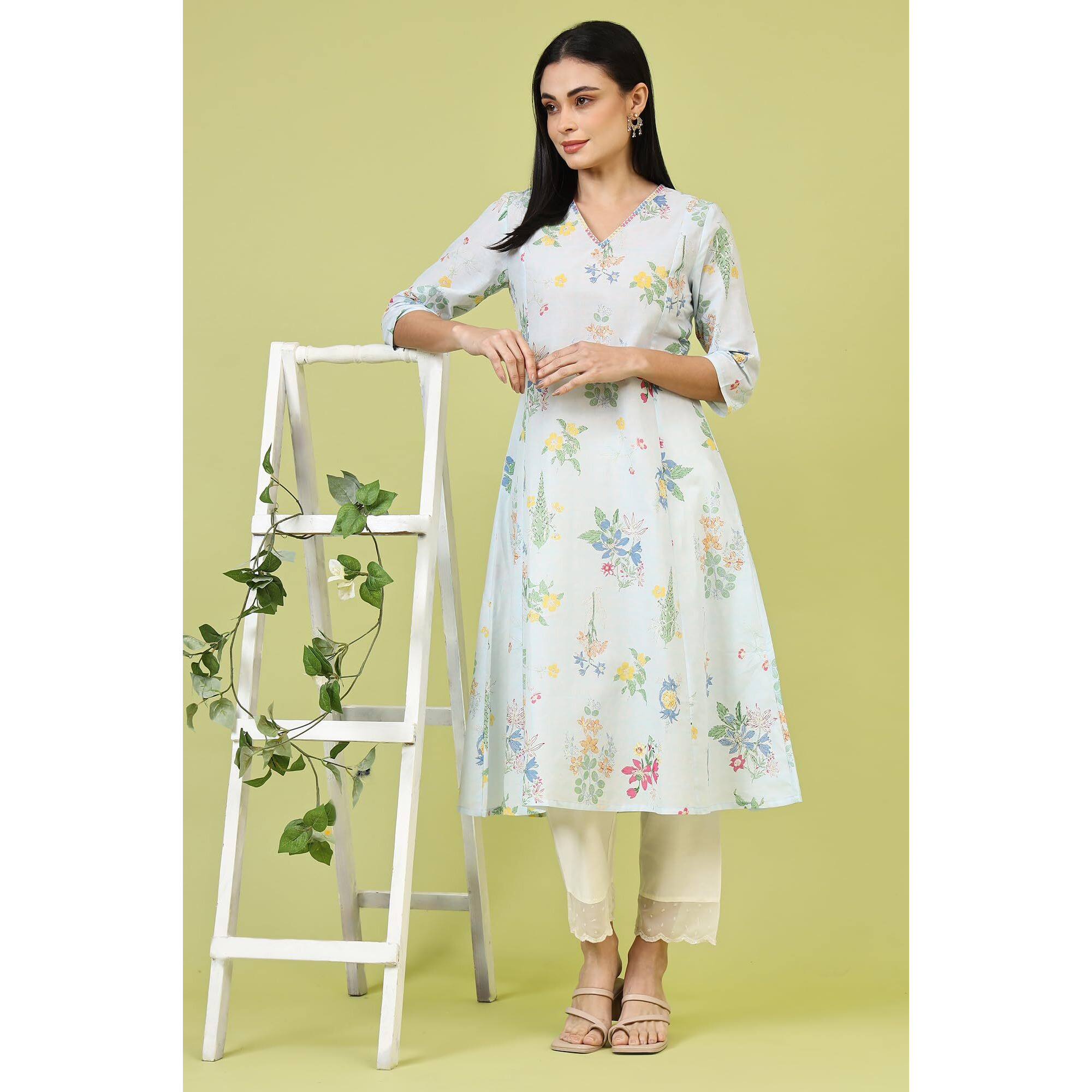 W For Woman Blue Floral Printed Pure Cotton A-Line Kurta With Thread Embroidery (Size 3Xl)-W12220-126115