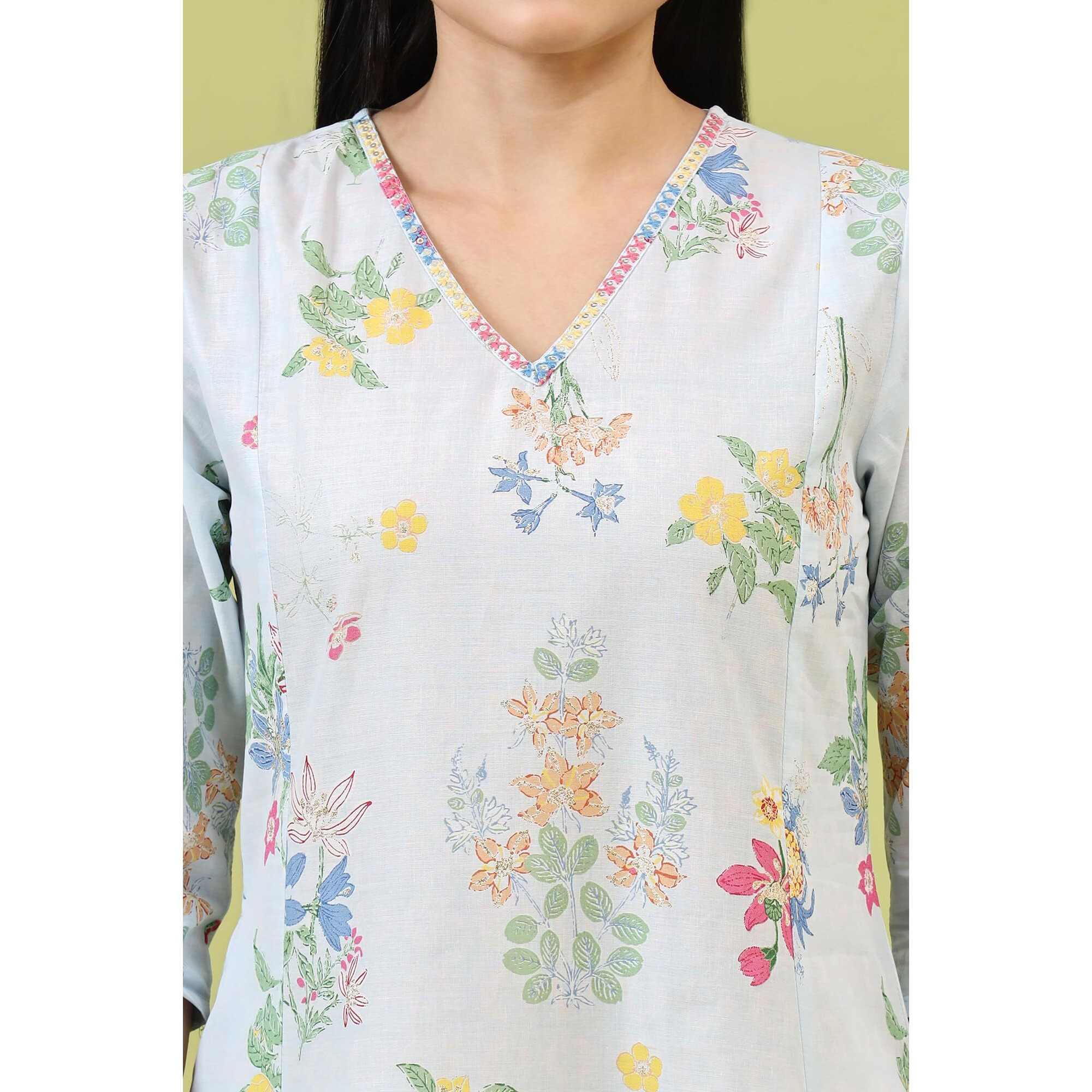 W For Woman Blue Floral Printed Pure Cotton A-Line Kurta With Thread Embroidery (Size 3Xl)-W12220-126115