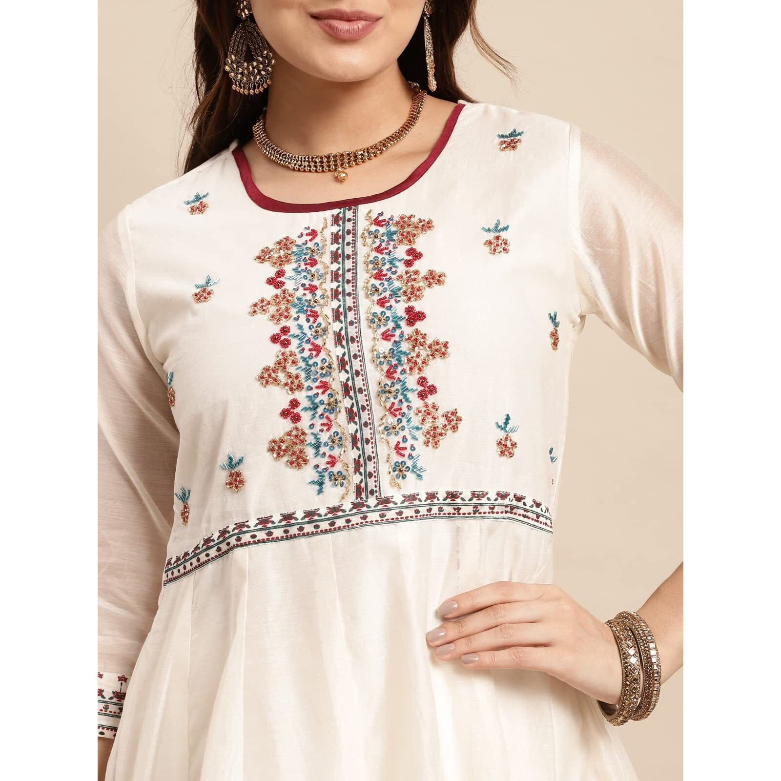 Rangita Off White Chanderi Calf Length Printed Anarkali Kurti For Women | Kurta For Women_Xl