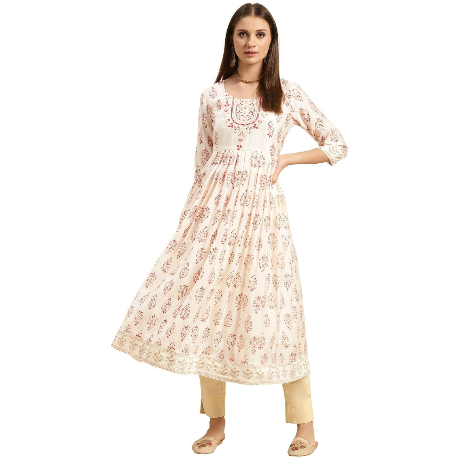 Rangita Off White Viscose Blend Calf Length Printed Anarkali Kurti For Women | Kurta For Women_Xl