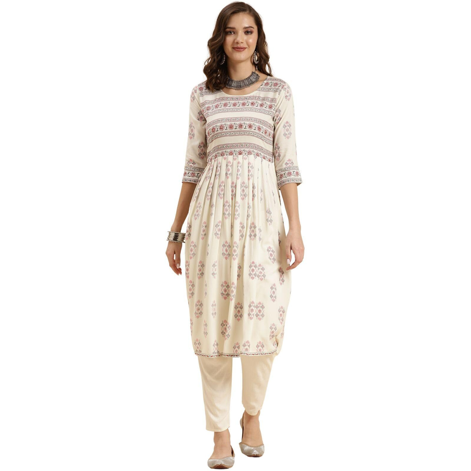 Rangita Off White Rayon Calf Length Printed Flared Kurti For Women | Kurta For Women_Xl