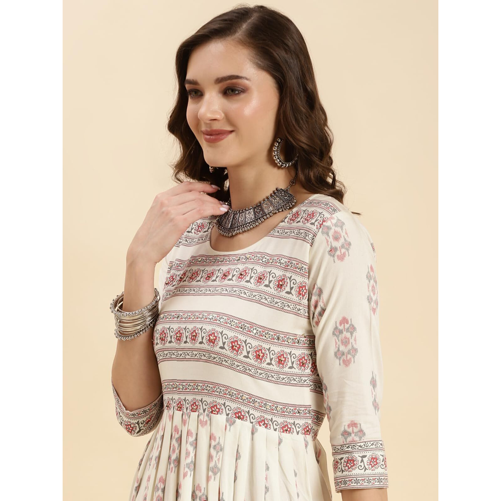 Rangita Off White Rayon Calf Length Printed Flared Kurti For Women | Kurta For Women_Xl