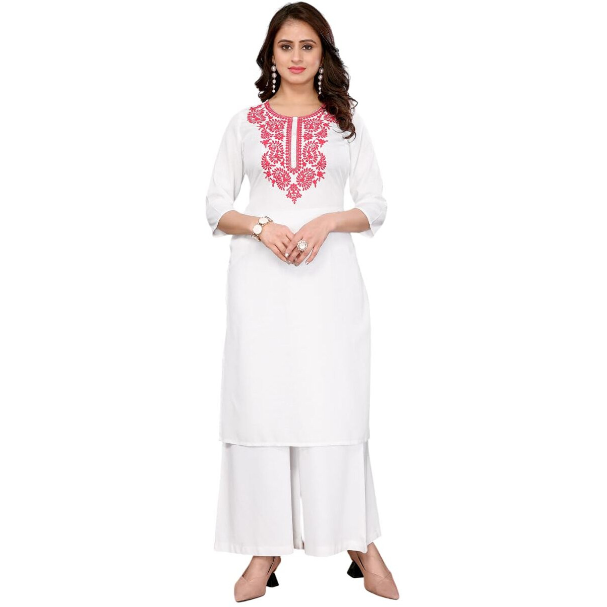 Rangita White Rayon Straight Embroidered Calf Length Kurti | Kurta For Women_L
