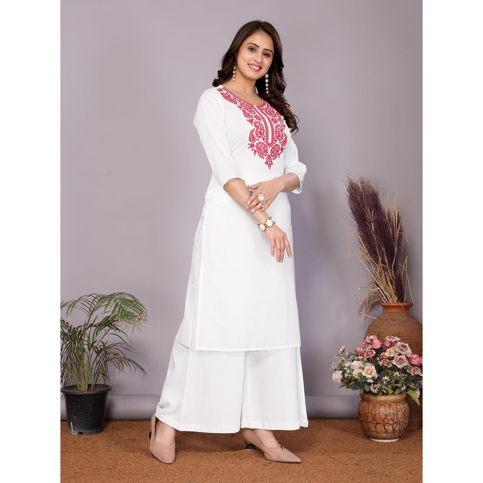 Rangita White Rayon Straight Embroidered Calf Length Kurti | Kurta For Women_L