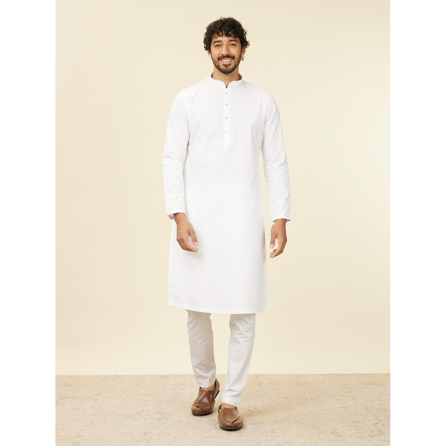 Manyavar White Cotton Embroidery|Jacquard Kurta Pyjama Set For Men