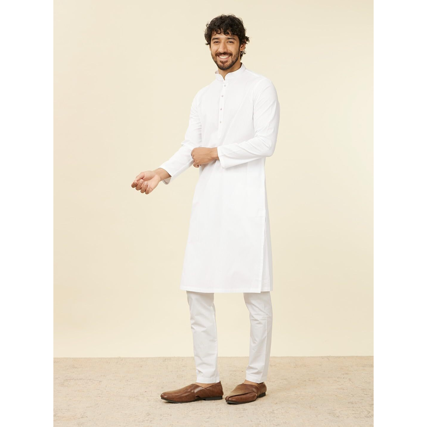 Manyavar White Cotton Embroidery|Jacquard Kurta Pyjama Set For Men