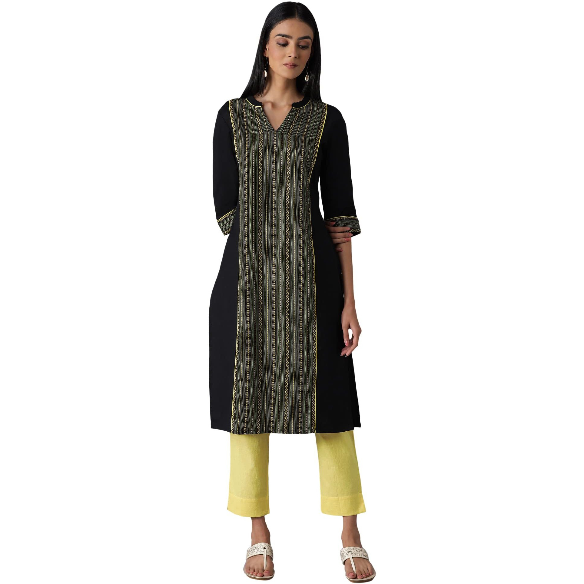 Aurelia Women's Cotton Geometric Regular Kurta (22Fea12860-701900_Black_M)