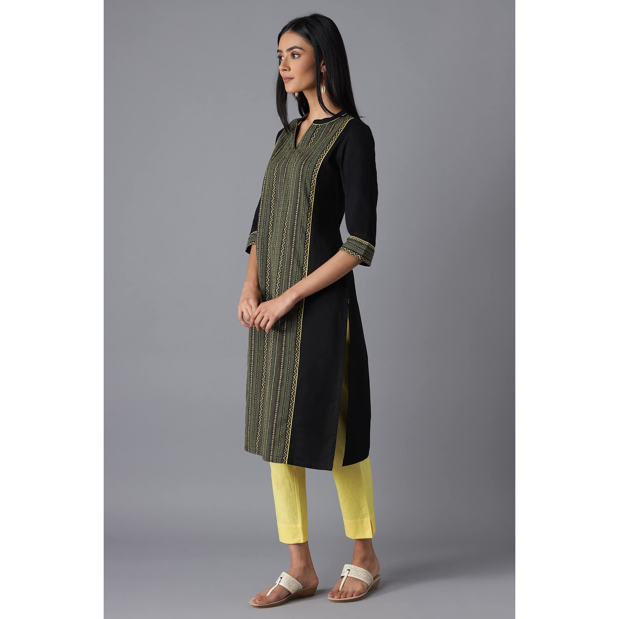 Aurelia Women's Cotton Geometric Regular Kurta (22Fea12860-701900_Black_M)