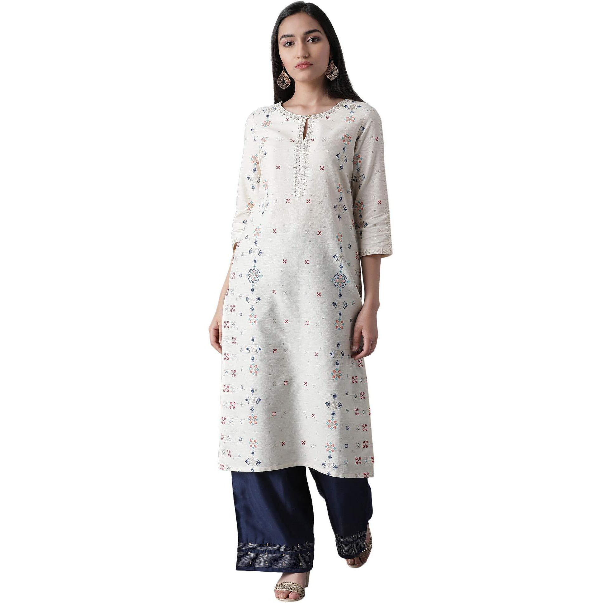 W For Woman Ecru Geometric Printed Cotton Blend Regular Kurta With Metallic Embroidery