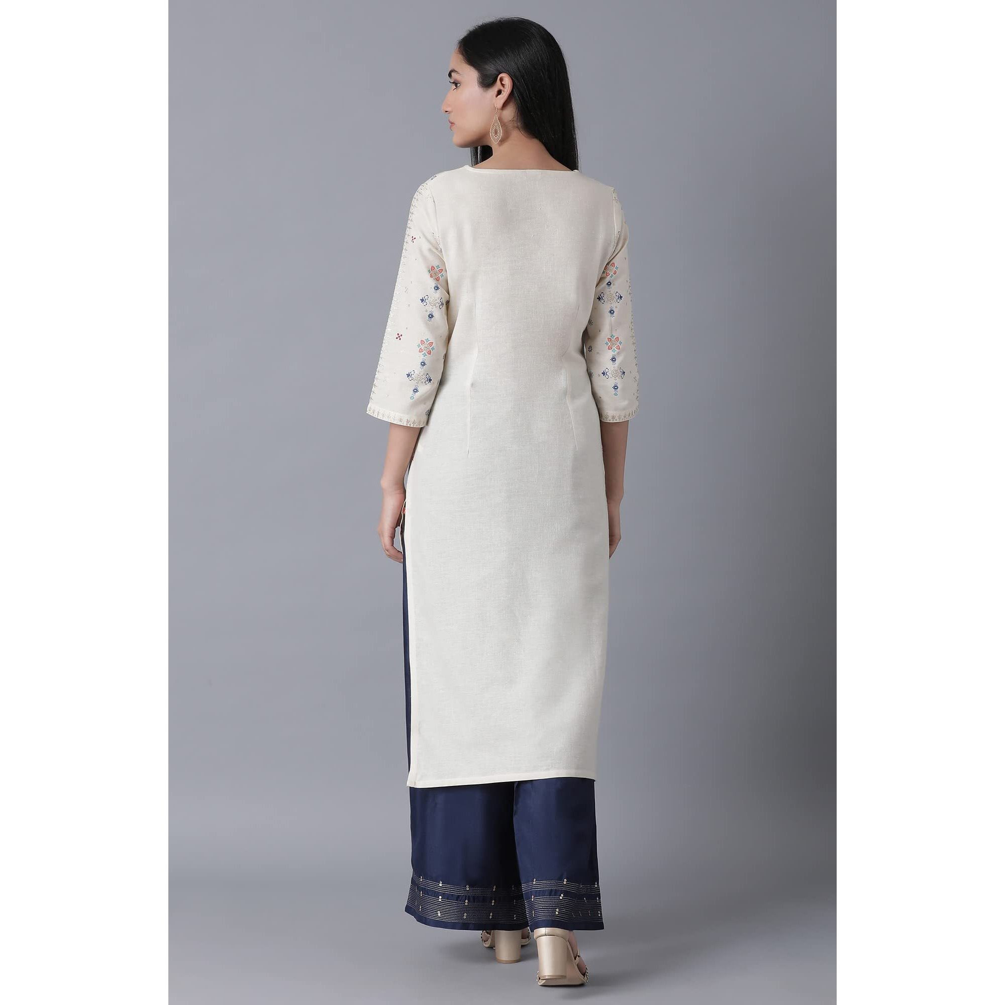 W For Woman Ecru Geometric Printed Cotton Blend Regular Kurta With Metallic Embroidery