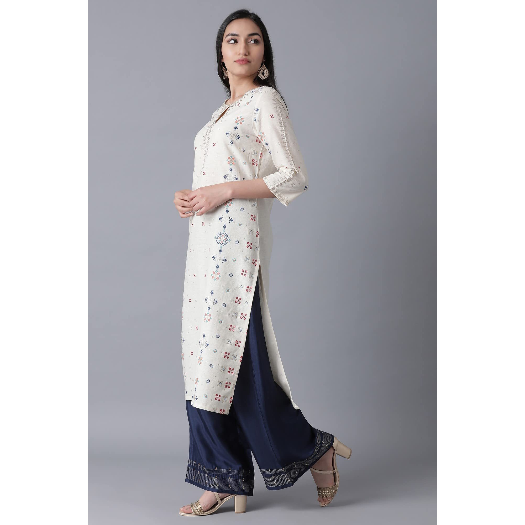 W For Woman Ecru Geometric Printed Cotton Blend Regular Kurta With Metallic Embroidery