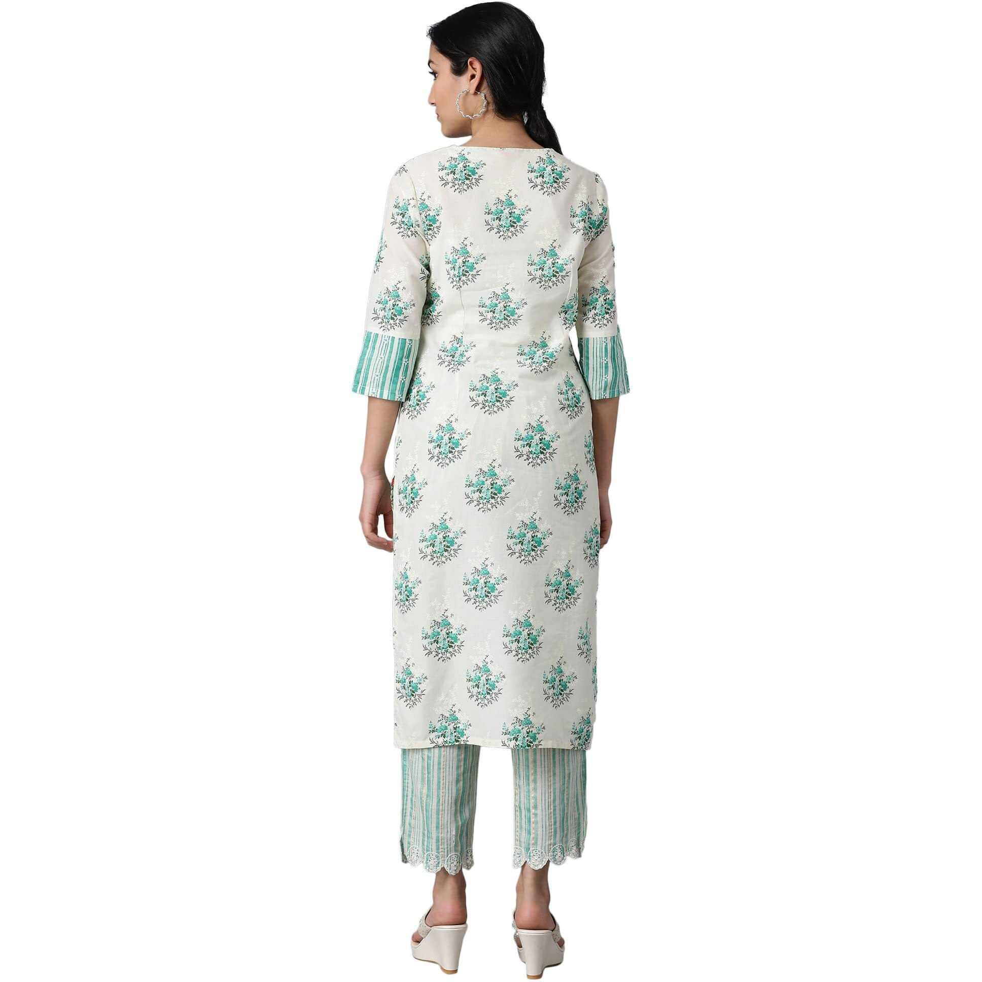 W Green Cotton Floral Printed Regular Kurta For Women