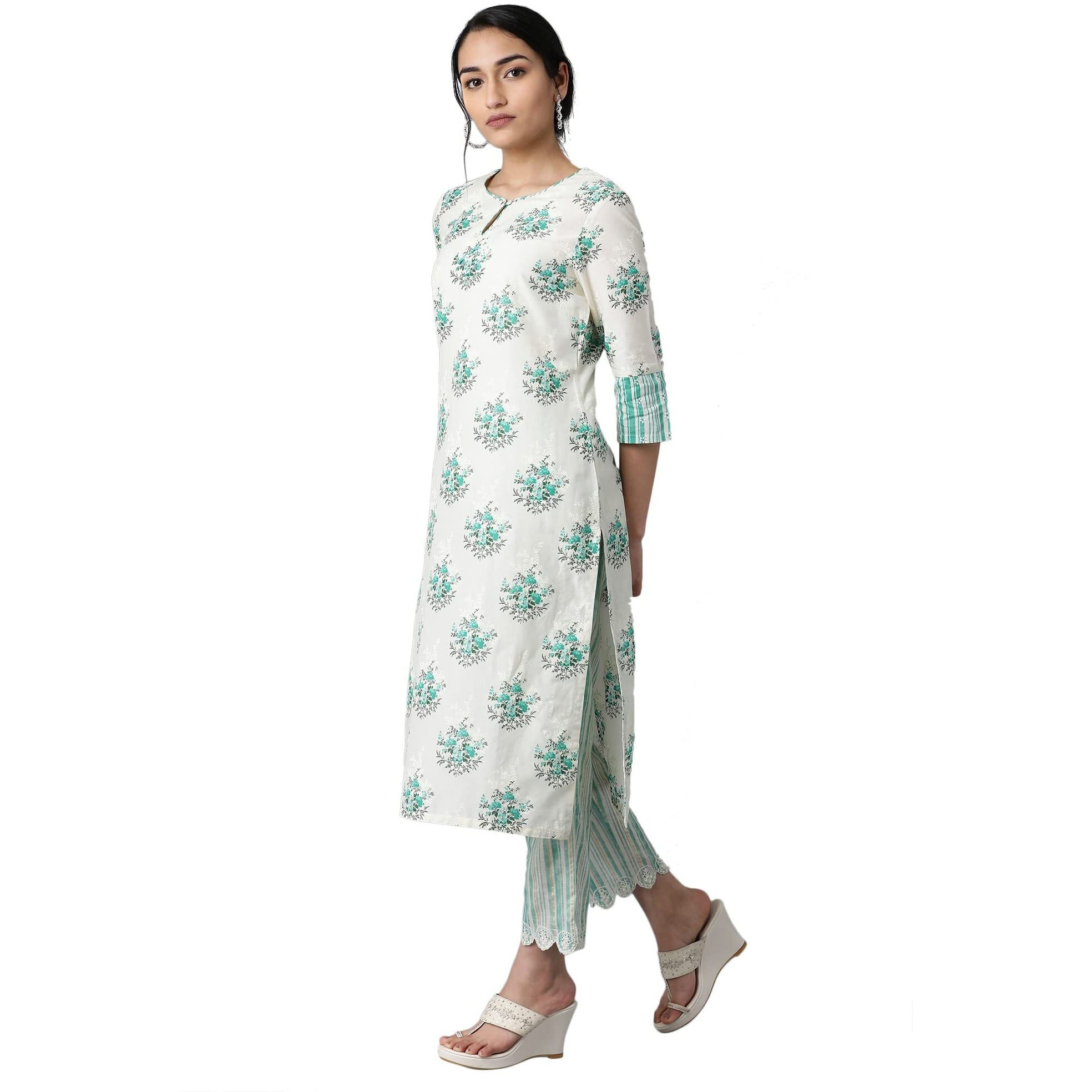 W Green Cotton Floral Printed Regular Kurta For Women