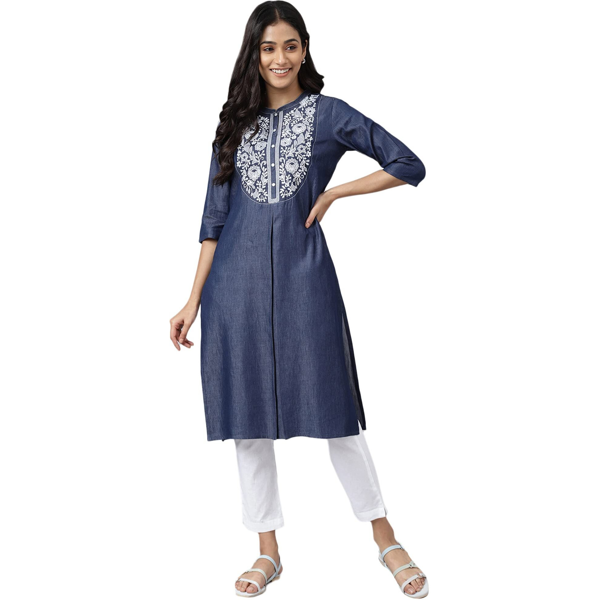 Aurelia Women Blue Cotton Blend Solid Straight Kurta_22Aua13340-701334_S