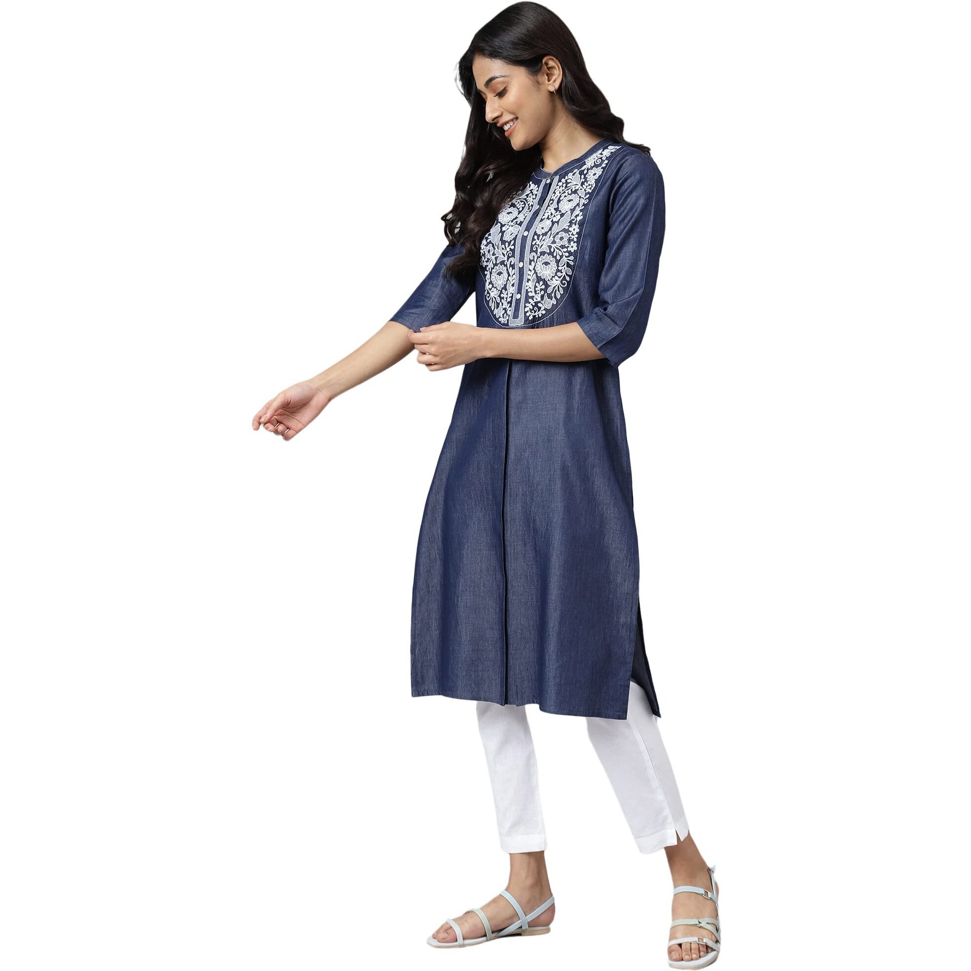 Aurelia Women Blue Cotton Blend Solid Straight Kurta_22Aua13340-701334_S
