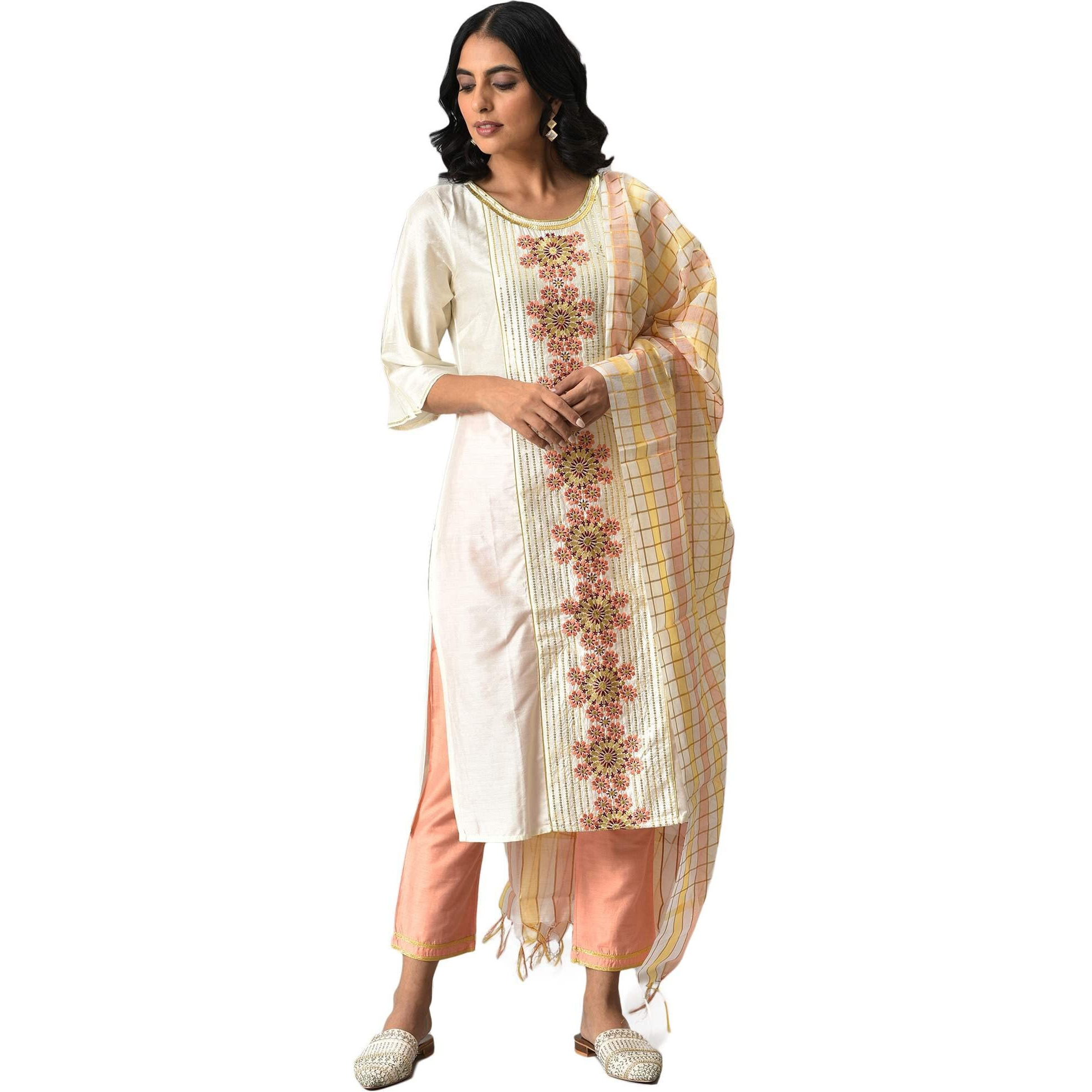 Aurelia Women's Liva White Embroidered Kurta With Peach Trousers And Banaras Dupatta_22Aud10453-703075_M