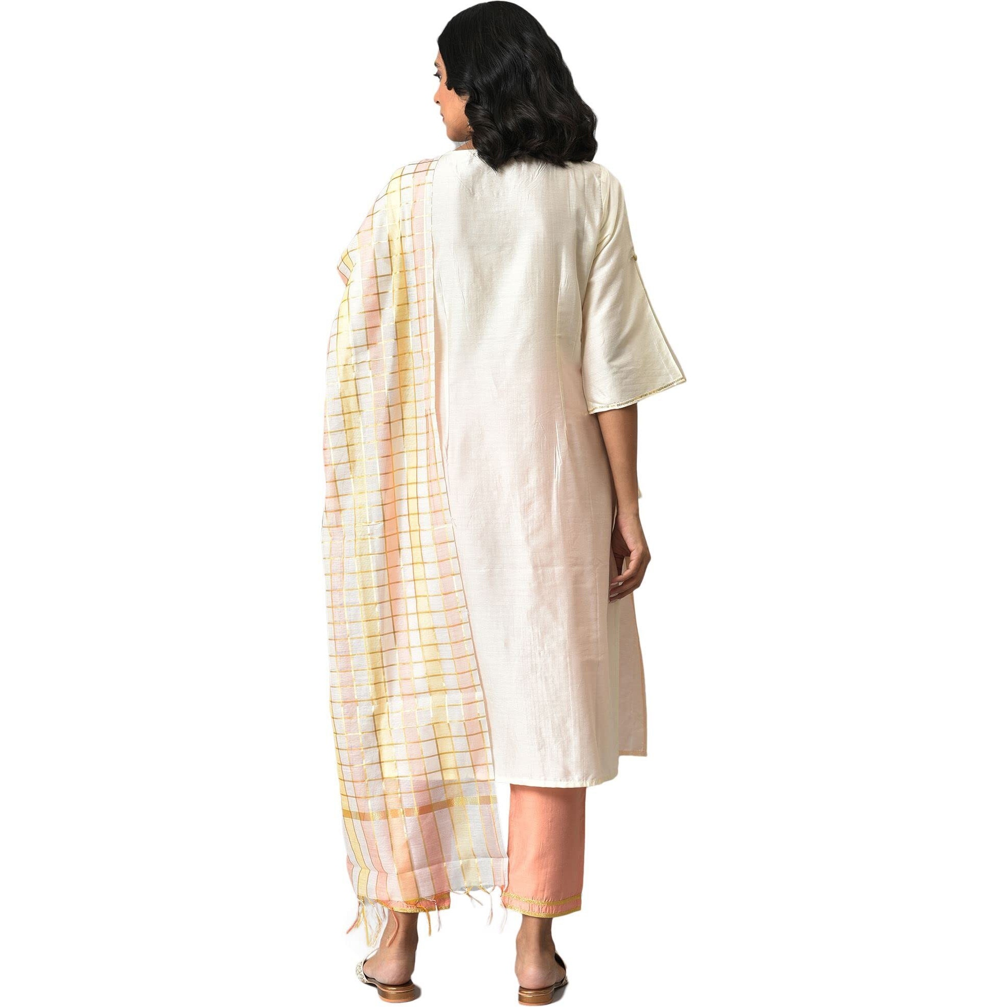 Aurelia Women's Liva White Embroidered Kurta With Peach Trousers And Banaras Dupatta_22Aud10453-703075_M