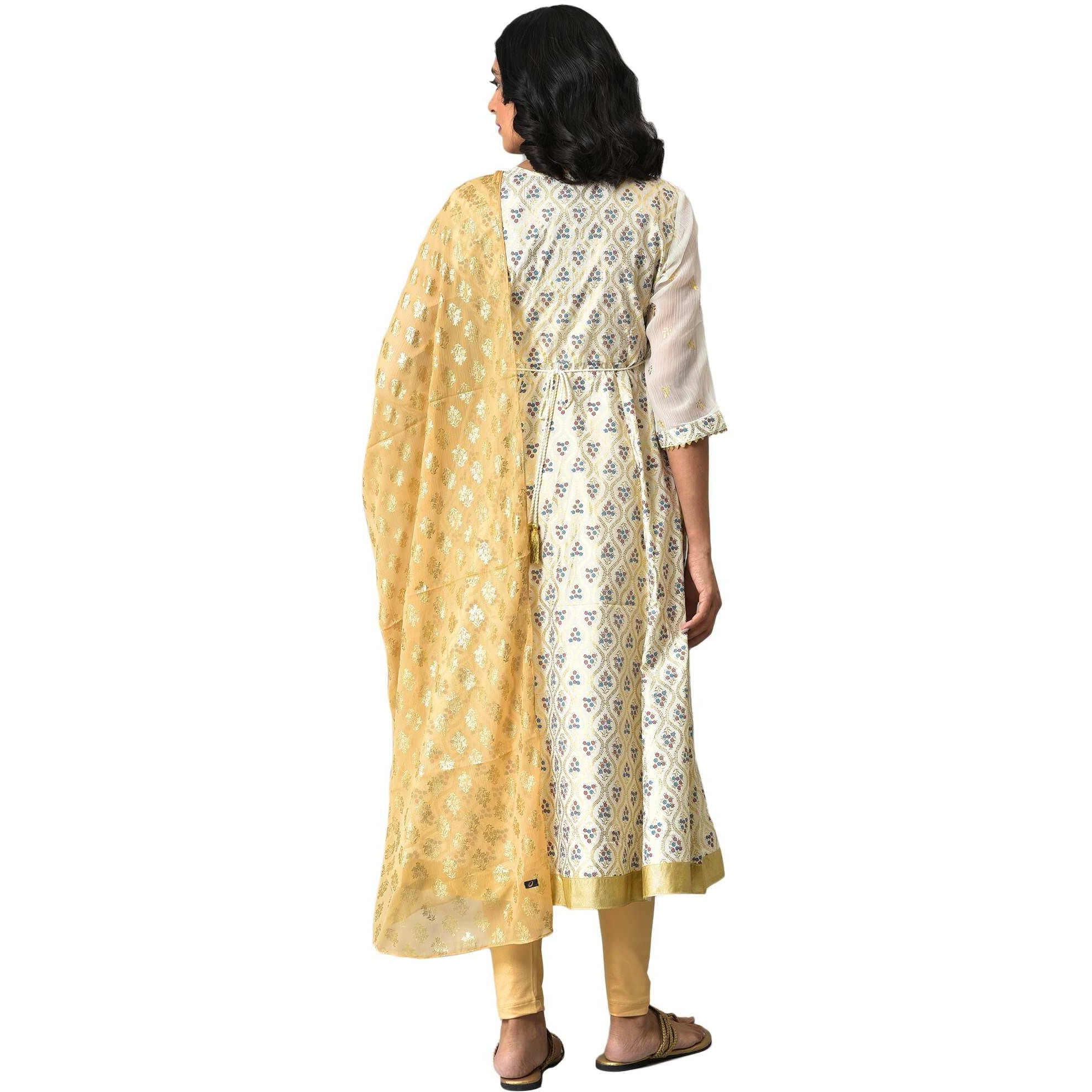 Aurelia Women Polyester White Zari Embroidered Kurta Set With Golden Tights And Printed Dupatta_22Aud10484-504050, Medium