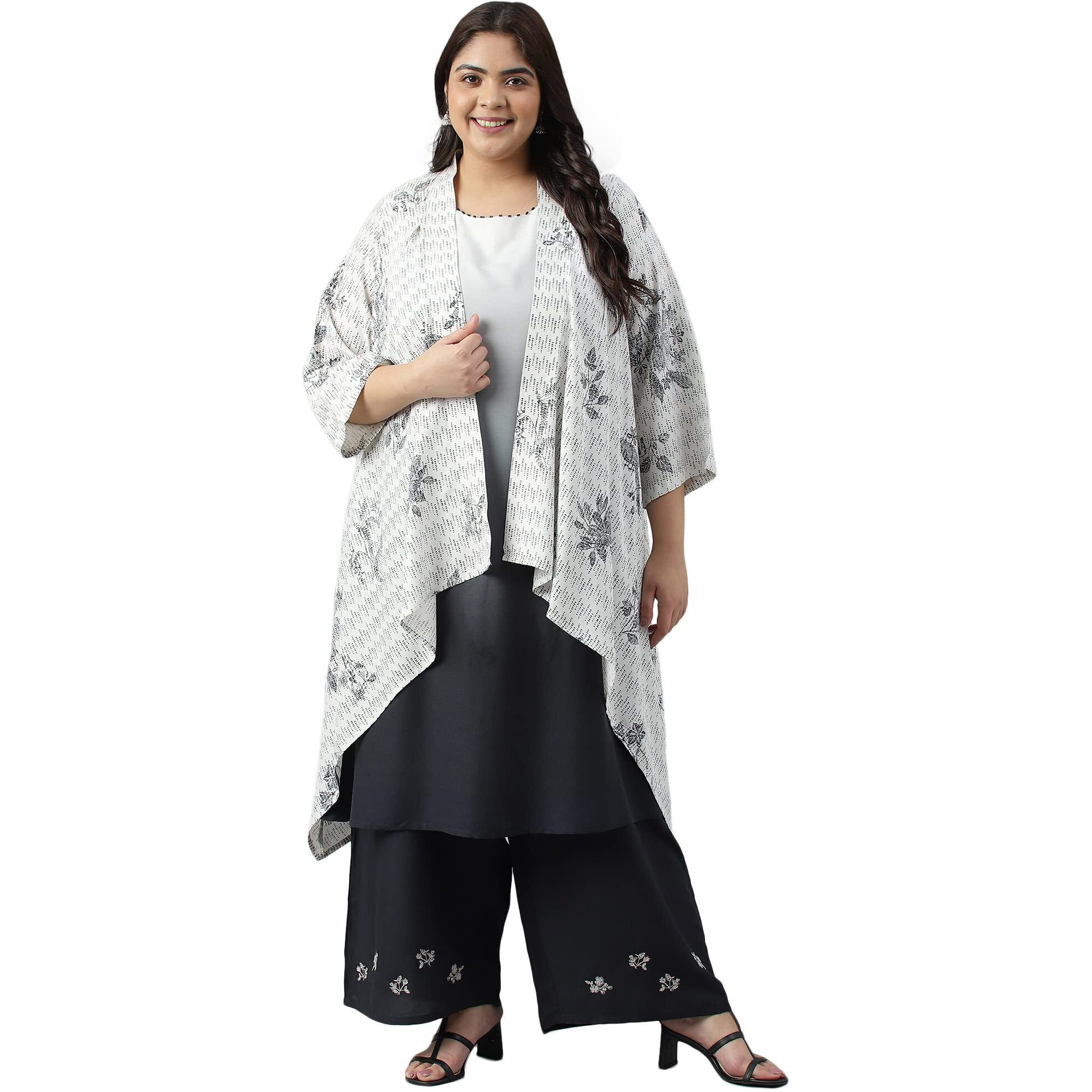 W For Woman Plus Size White And Deep Blue Ombre Kurta With Printed Gilet And Parallel Pants_22Auws18100G-118513_4Xl