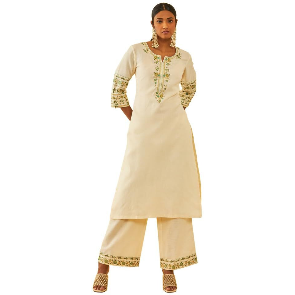 Soch Womens Off White & Green Silk Blend Yoke Design Kurta Set