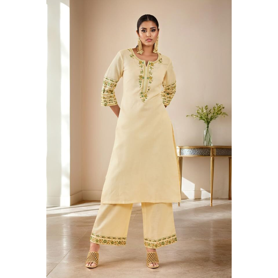 Soch Womens Off White & Green Silk Blend Yoke Design Kurta Set