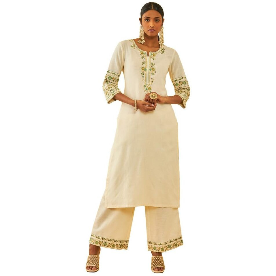 Soch Womens Off White & Green Silk Blend Yoke Design Kurta Set