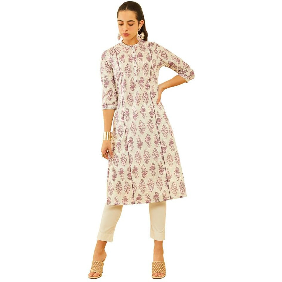 Soch Womens Plurple & Off-White Cotton Floral Printed Princess Line Panelled Kurta