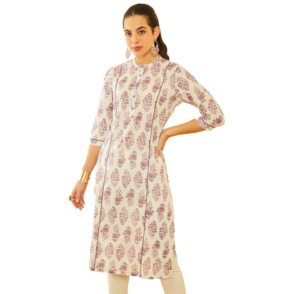 Soch Womens Plurple & Off-White Cotton Floral Printed Princess Line Panelled Kurta