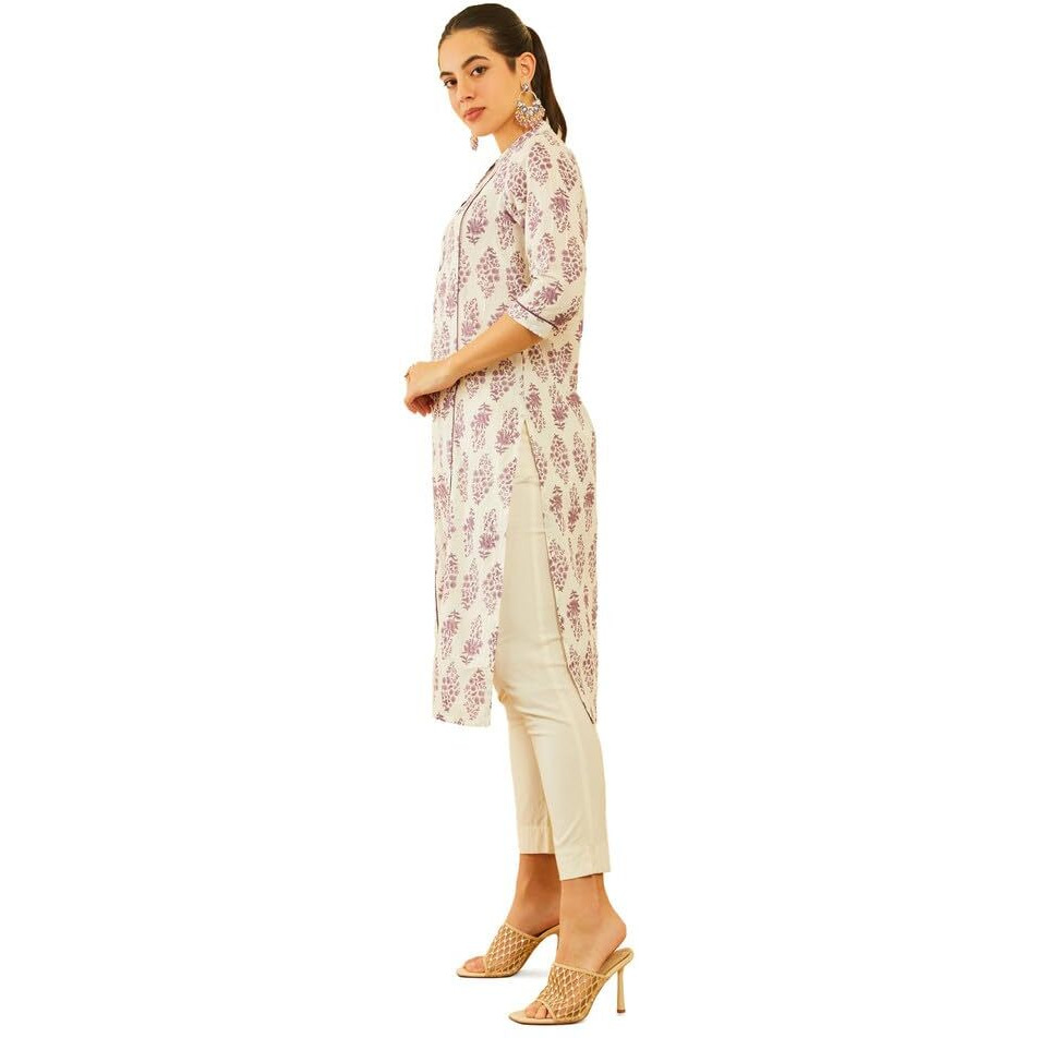 Soch Womens Plurple & Off-White Cotton Floral Printed Princess Line Panelled Kurta