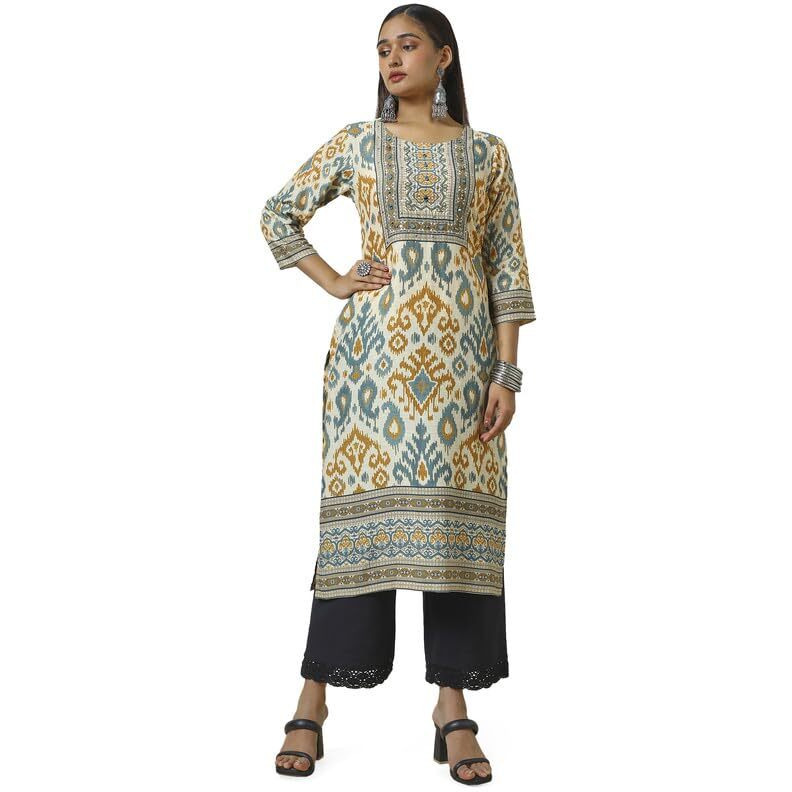 Soch Womens Cream Linen Blend Abstract Print Kurta With Mirror Work